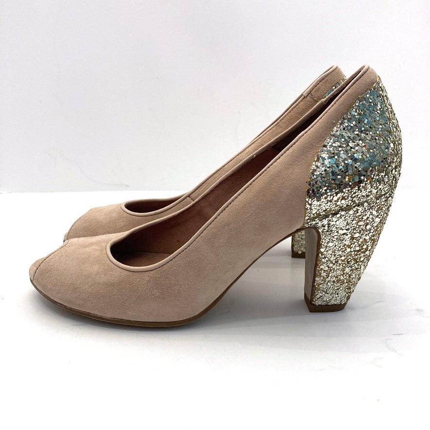 Topshop Jazzhands Pumps Beige Suede Gold Glitter Heels Womens 10.5 Peep Toe