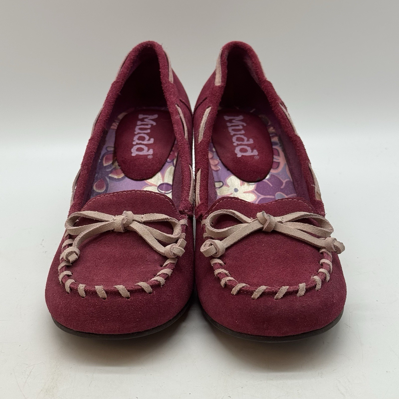 MUDD Y2K Freeda Womens 7 Raspberry Suede Leather Kitten Heel Moccasin Pumps Boho