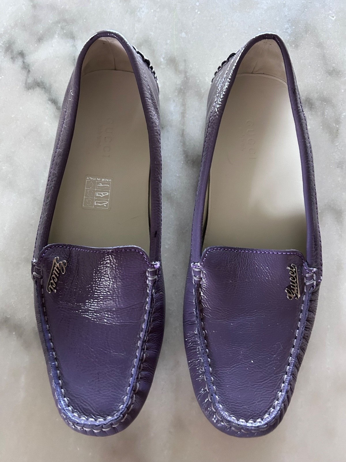 GUCCI Purple Patent Leather Script Logo Driving Loafers Shoes Womens 36 Italy