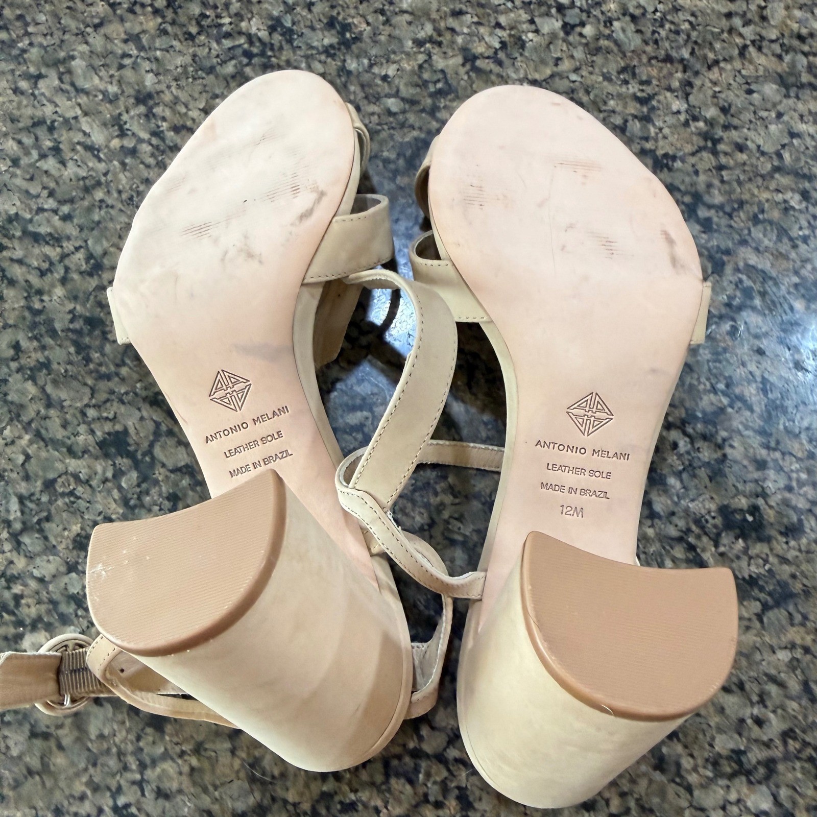 Antonio Melani Nude Suede Strappy Block Heel Sandals Size 12M Made in Brazil