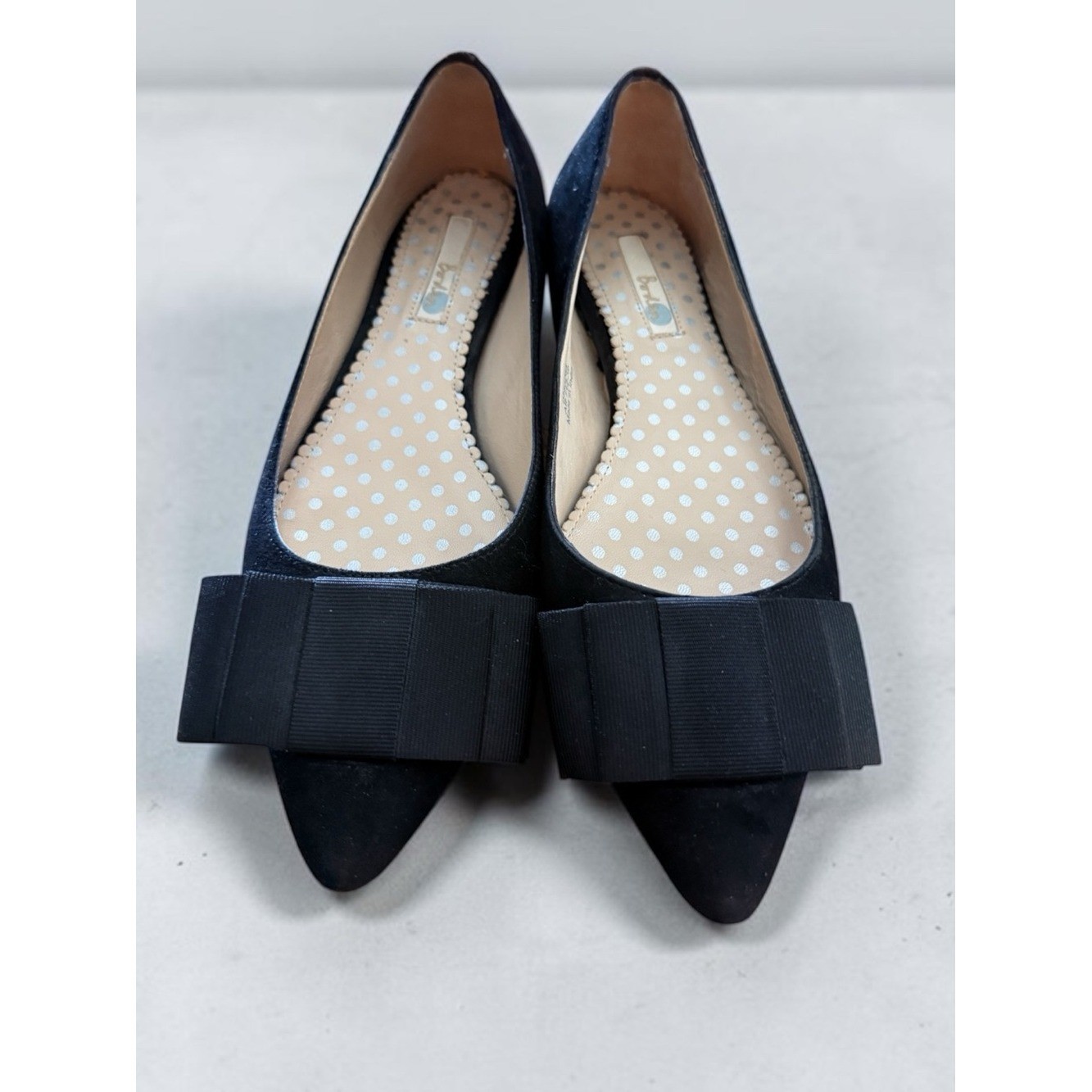 Boden Black Suede Pointed Toe Ballet Flats Grosgrain Ribbon Bows Size 39/ 8.5 US