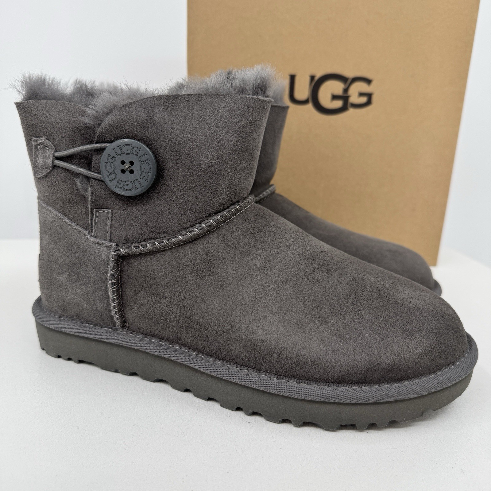 UGG Mini Bailey Button 2 Boots in Grey size 7 Women’s Wool-Lined 1016422