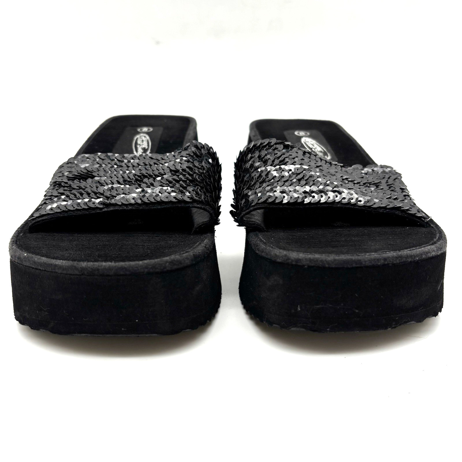 Vintage 90s Y2K Lower East Side 10706 Black Platform Sequin Strap Slide Sandal 8