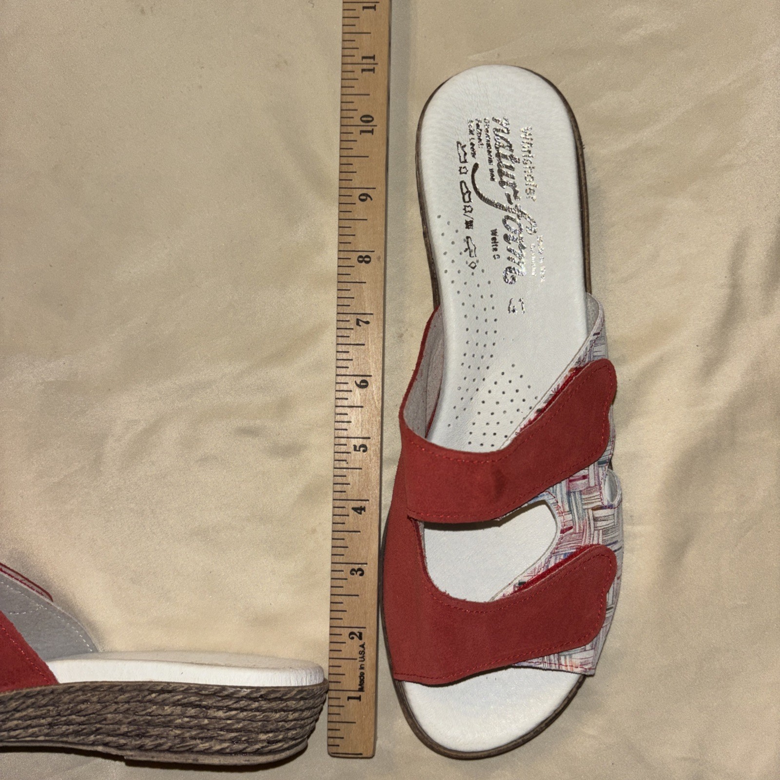 WORISHOFER Germany Sandals 41 Red Multicolor Hatch Print Natur-form Wedge Shoes