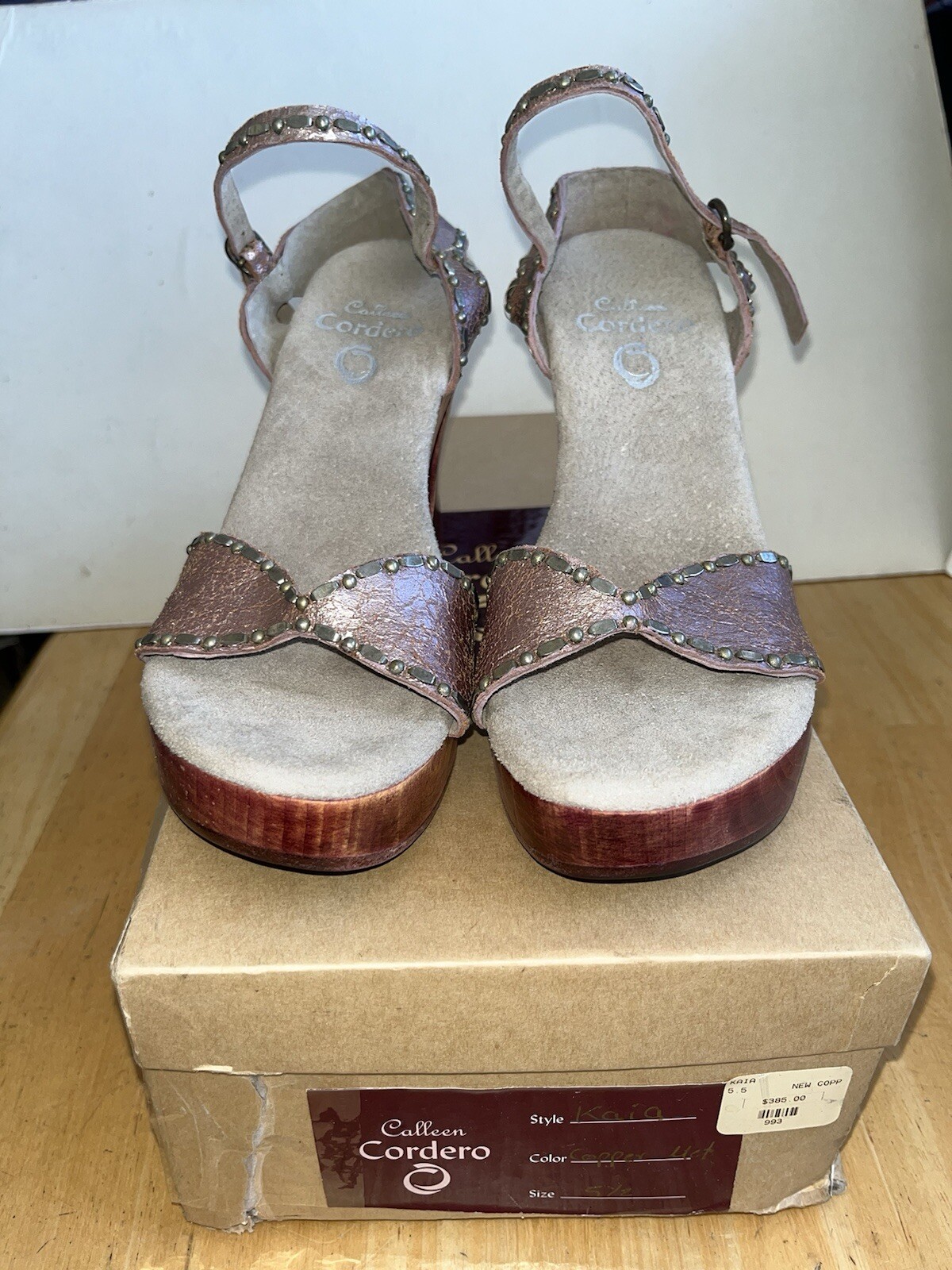 Calleen Cordero studded Kaia Metallic leather Wood Hourglass Heel Sandals Sz 5.5
