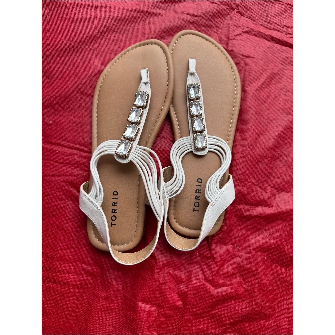 torrid White Jeweled T-Strap Sandals with Tan Footbed