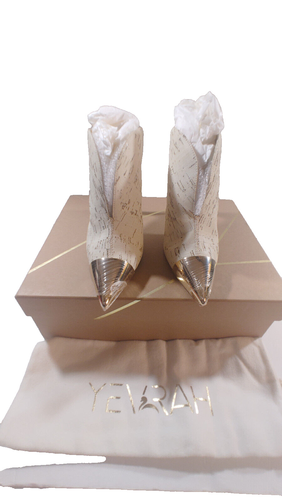 Yevrah Women’s Designer Chloe Size 7 White Shoe Heel Cork Mule Gold Cap Brazil
