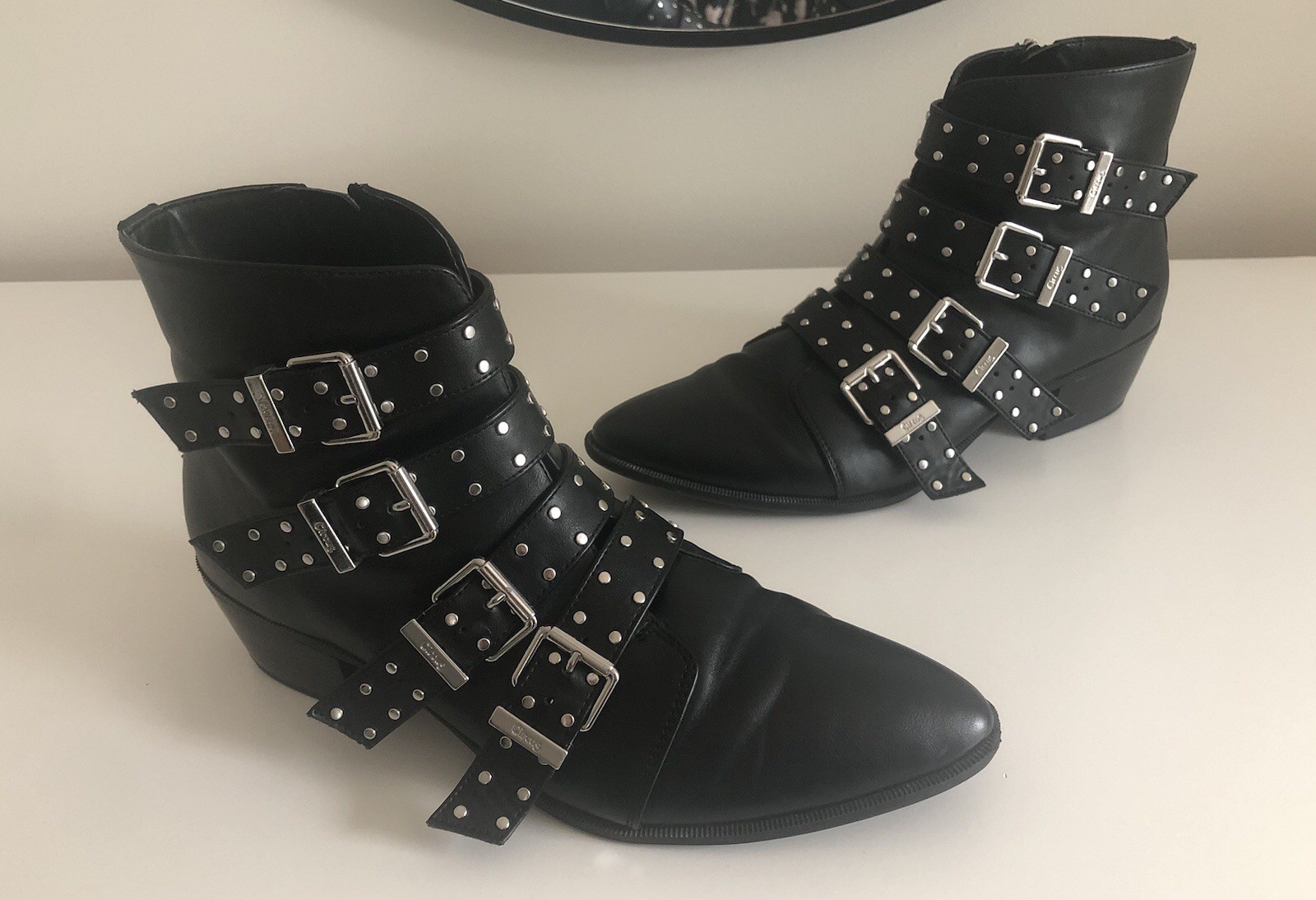 Trad Goth 80s Boots Pikes Size 8 Black Leather Silver Studs Buckles Pointed Toe