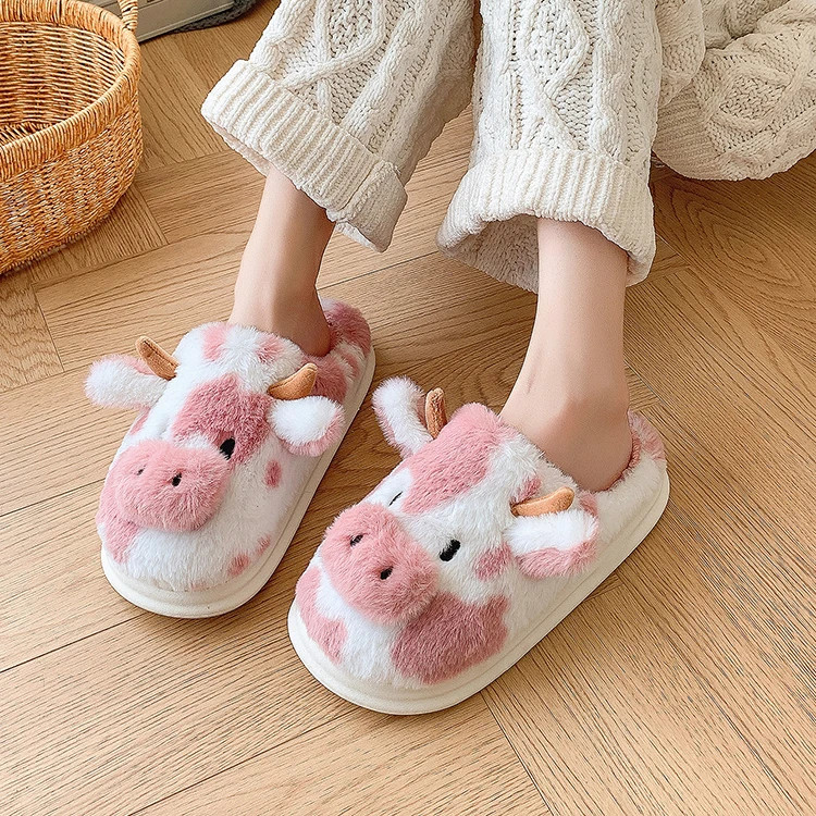 Fluffy Women’s Slippers Home Cartoon Cow Designer Winter Shoes Girls Flat Trend
