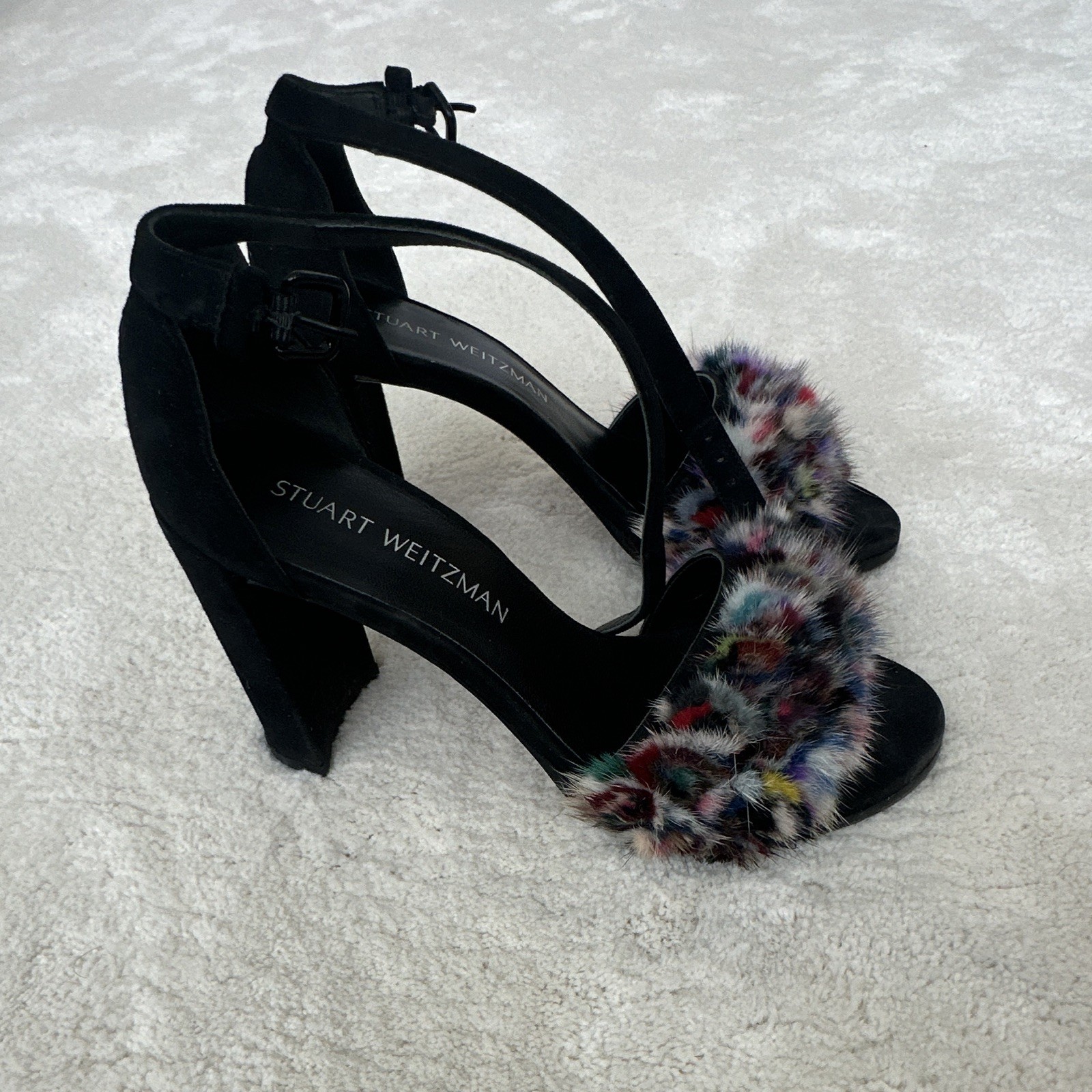 Stuart Weitzman Leather Strappy Ankle Strap Faux Fur Sandals Black 7