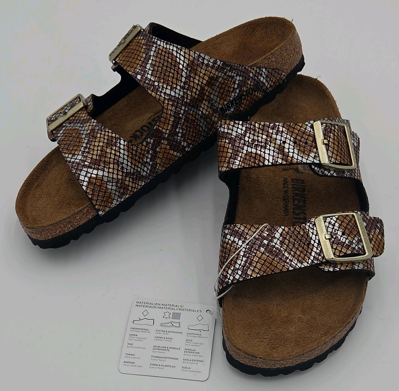 NWT Birkenstock Arizona Python Snakeskin Print Brown Gold Slide Sandals Size 11M