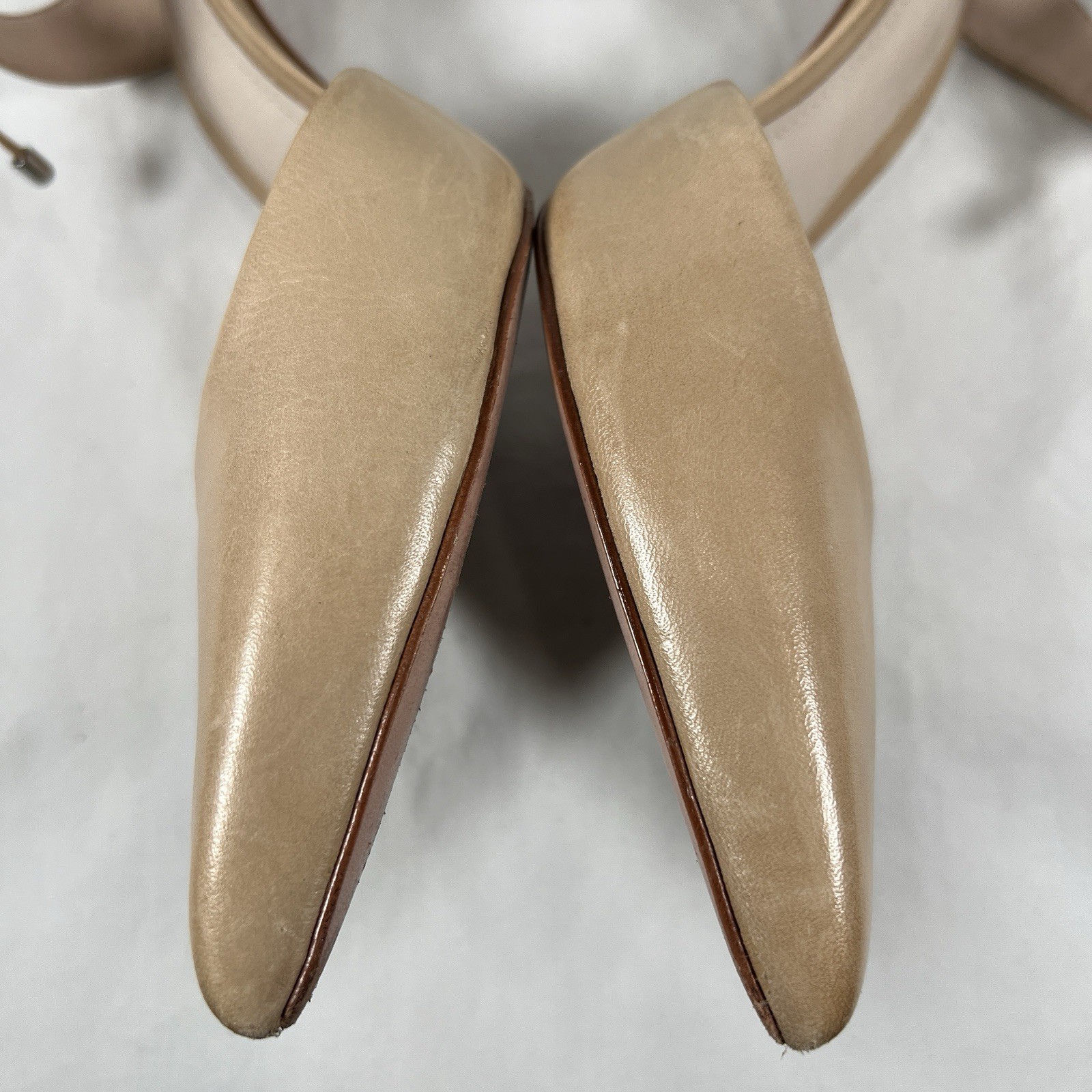 Schutz Nude Leather Pointed Toe Heels Ankle Tie Minimalist Quiet Luxury Sz 9.5B