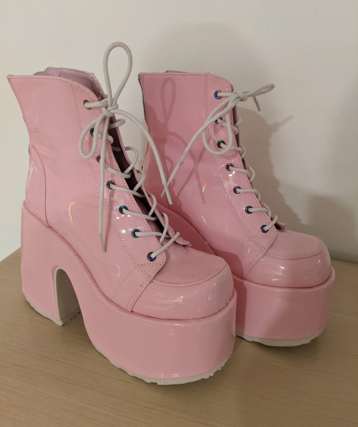 Women’s Pink Patent Platform Ankle Boots Round Toe Lace Up Back Zip 10