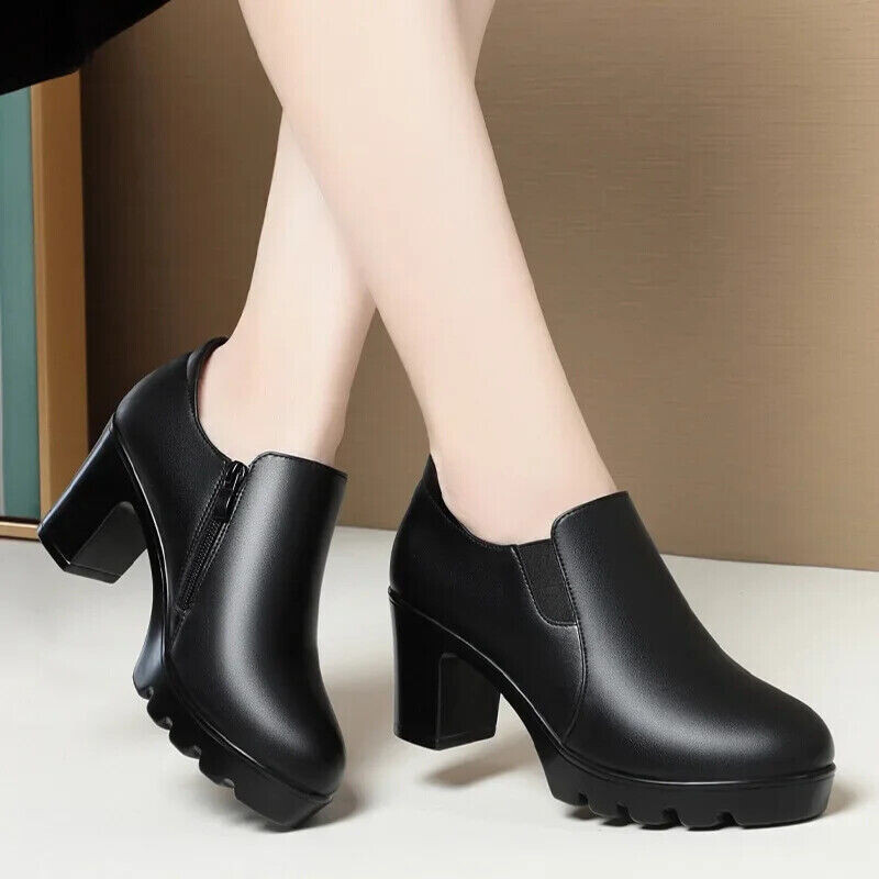 Womens High Block Heels Slip On Thick Sole Round Toe Platform Pumps Shoes New