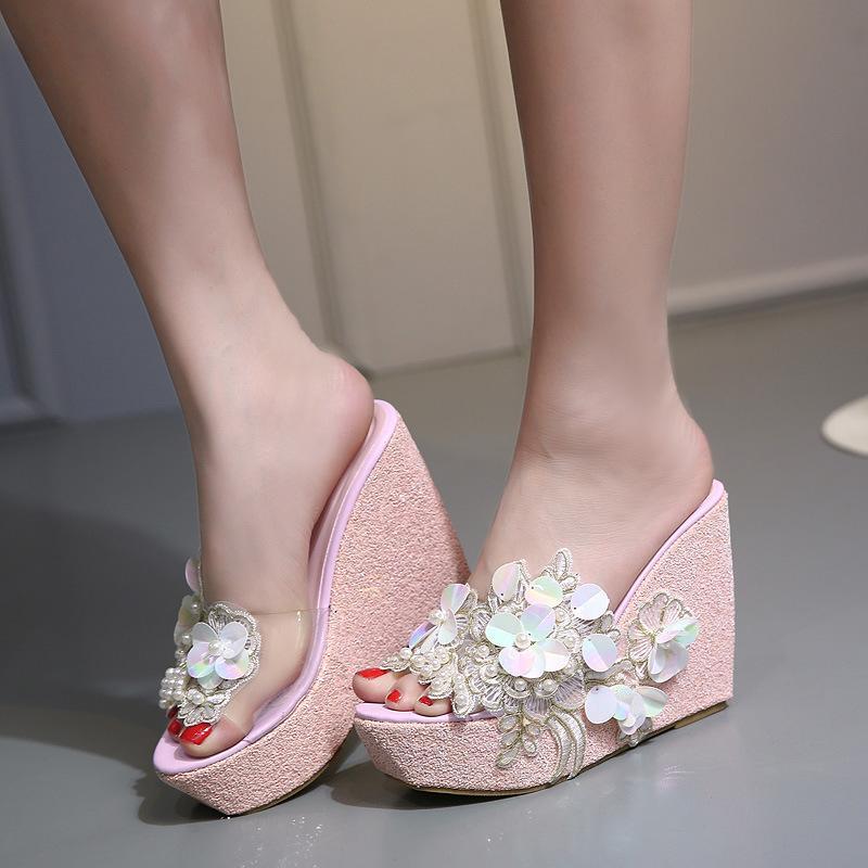 Womens Platform Open Toe Floral Sequins Wedge Heel Sandals Sweet Casual Shoes