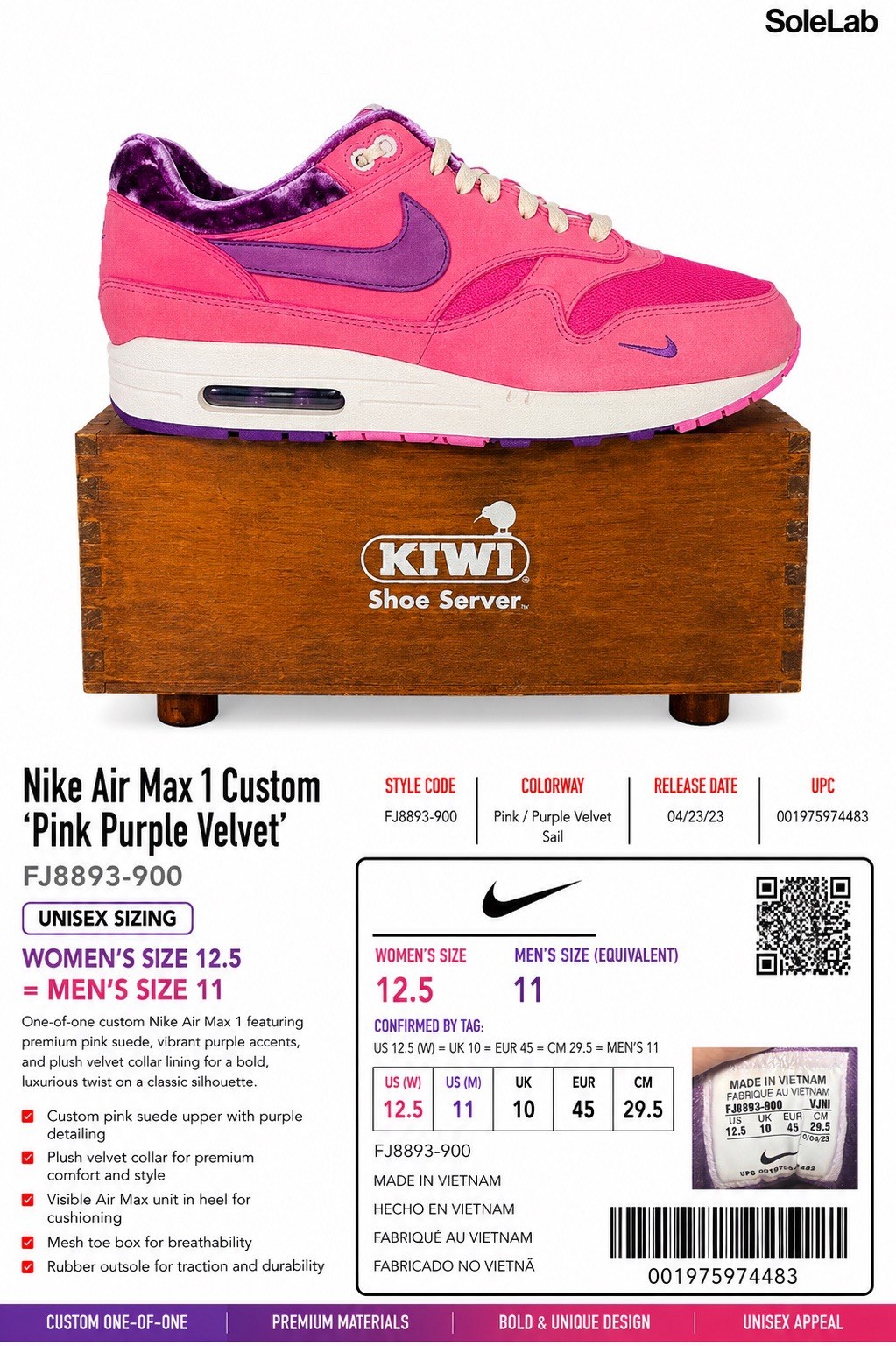 Nike Air Max 1 Custom Pink Purple Velvet Women’s 12.5 / Men’s 11 One-of-One Rare