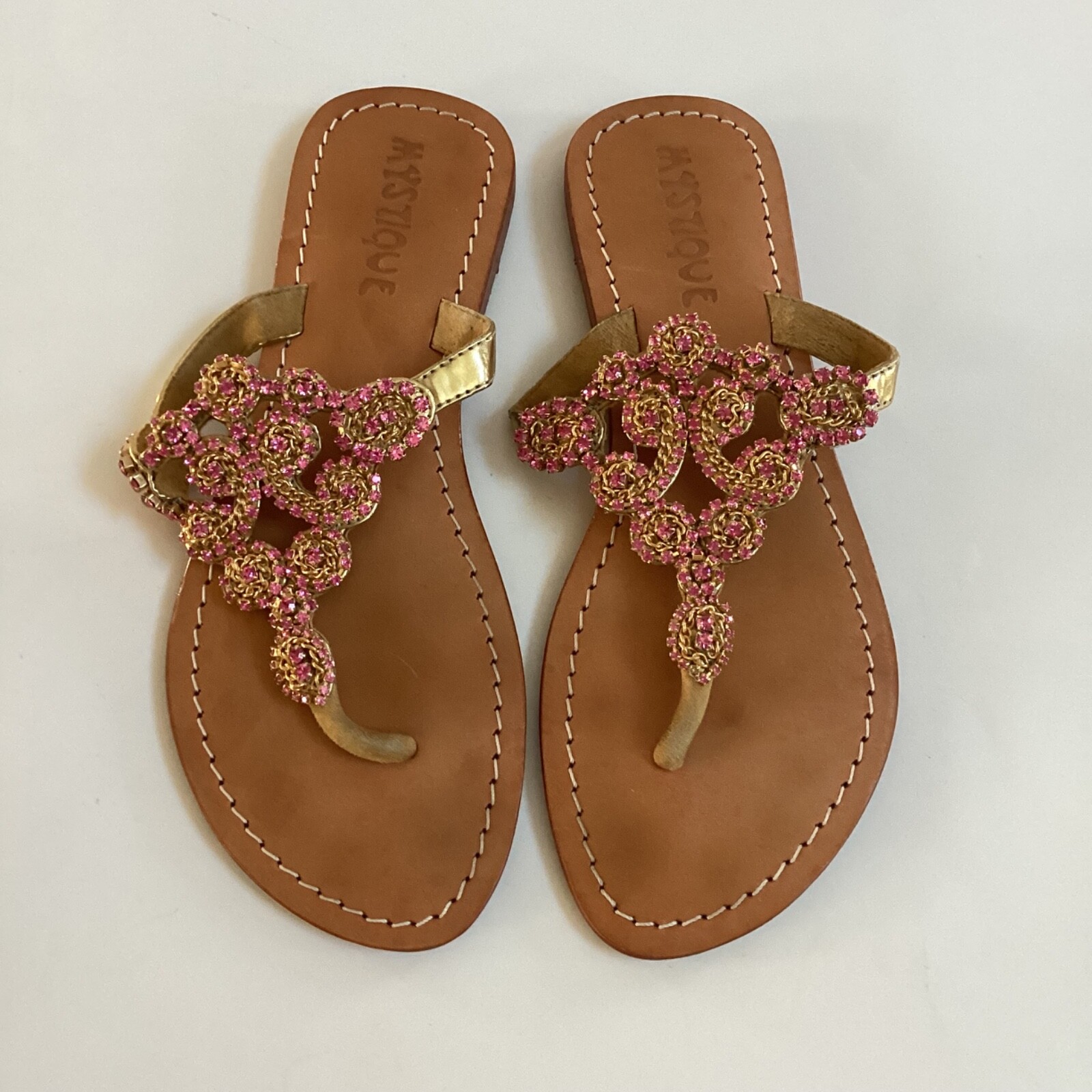 Mystique Pink Czech Crystals Gold Chain Leather Thong Sandal Sz 6 Babiecore Boho