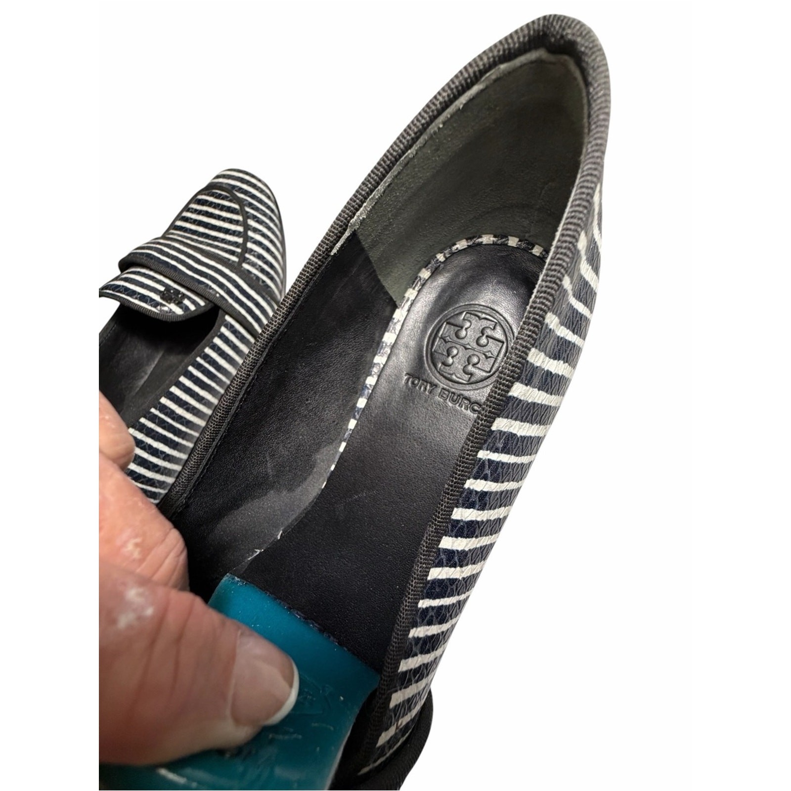 Tory Burch Evette Penny Loafers Striped Black & White Leather Loafers Sz 5.5