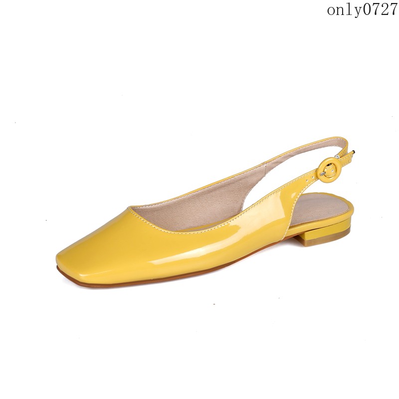 Women Patent Leather Square Toe Slingback Flat Ankle Buckle Office Casual Shoes