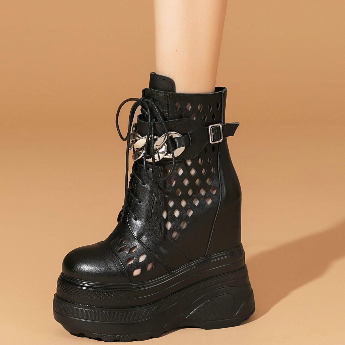 16cm High Heels Women Leather Platform Wedge Ankle Boots Plus Size Sandal Pumps