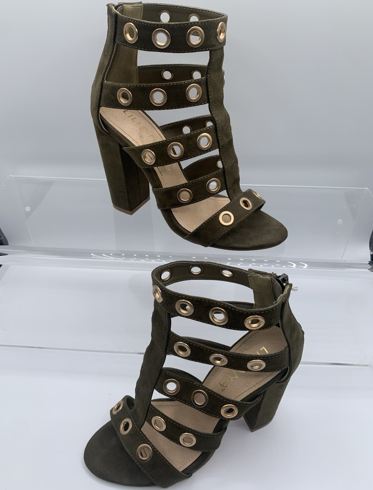 LILIANA Green Suede Open Toe Strappy Block Heel Grommet Zip Sandals US 8