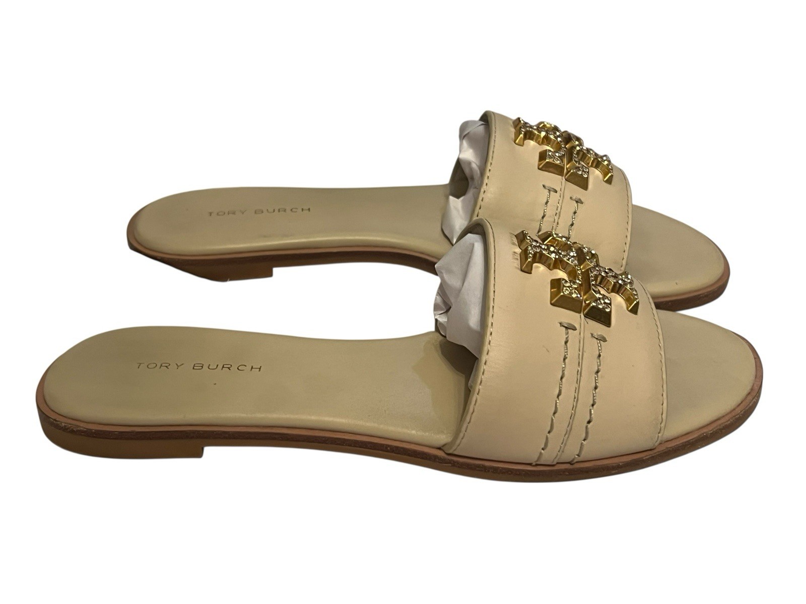Tory Burch Everly Slide Sandals Calf Leather Crystal Logo Ivory Sz 6