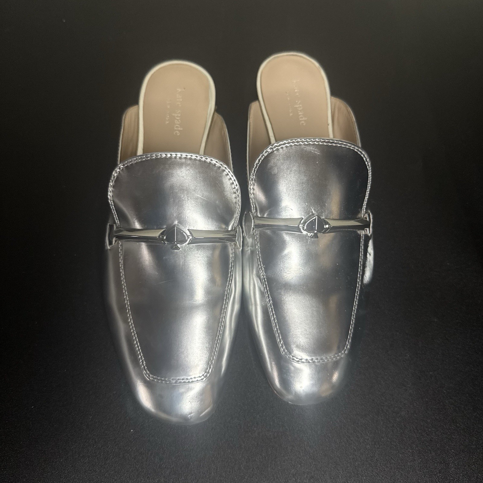 Kate Spade New York Laura Silver Specchio Leather Mules Slides Women Size 10M