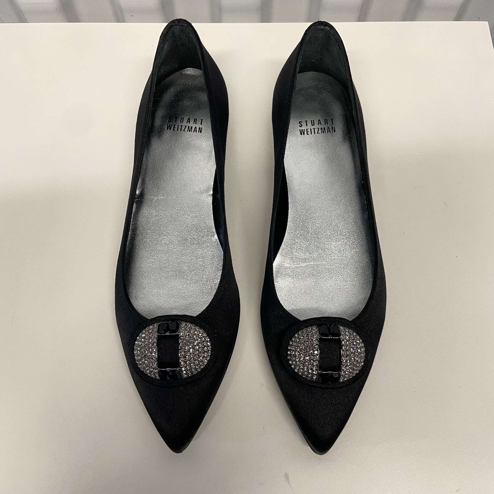 VTG 90s Stuart Weitzman Black Satin Pointed Toe Rhinestone Dress Flats 7 N