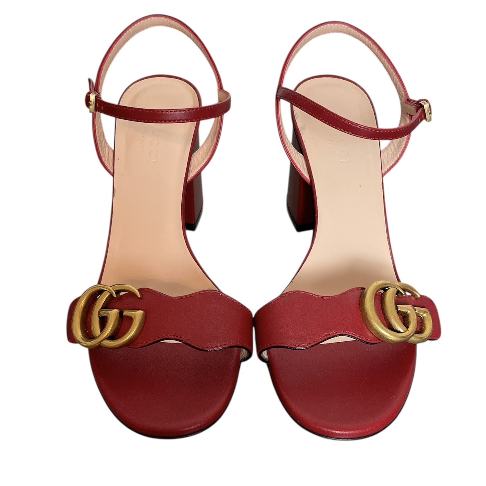 GUCCI Marmont Block Heel GG Logo Sandals Sz 35.5 Red Gold Lifford Galassia 75mm