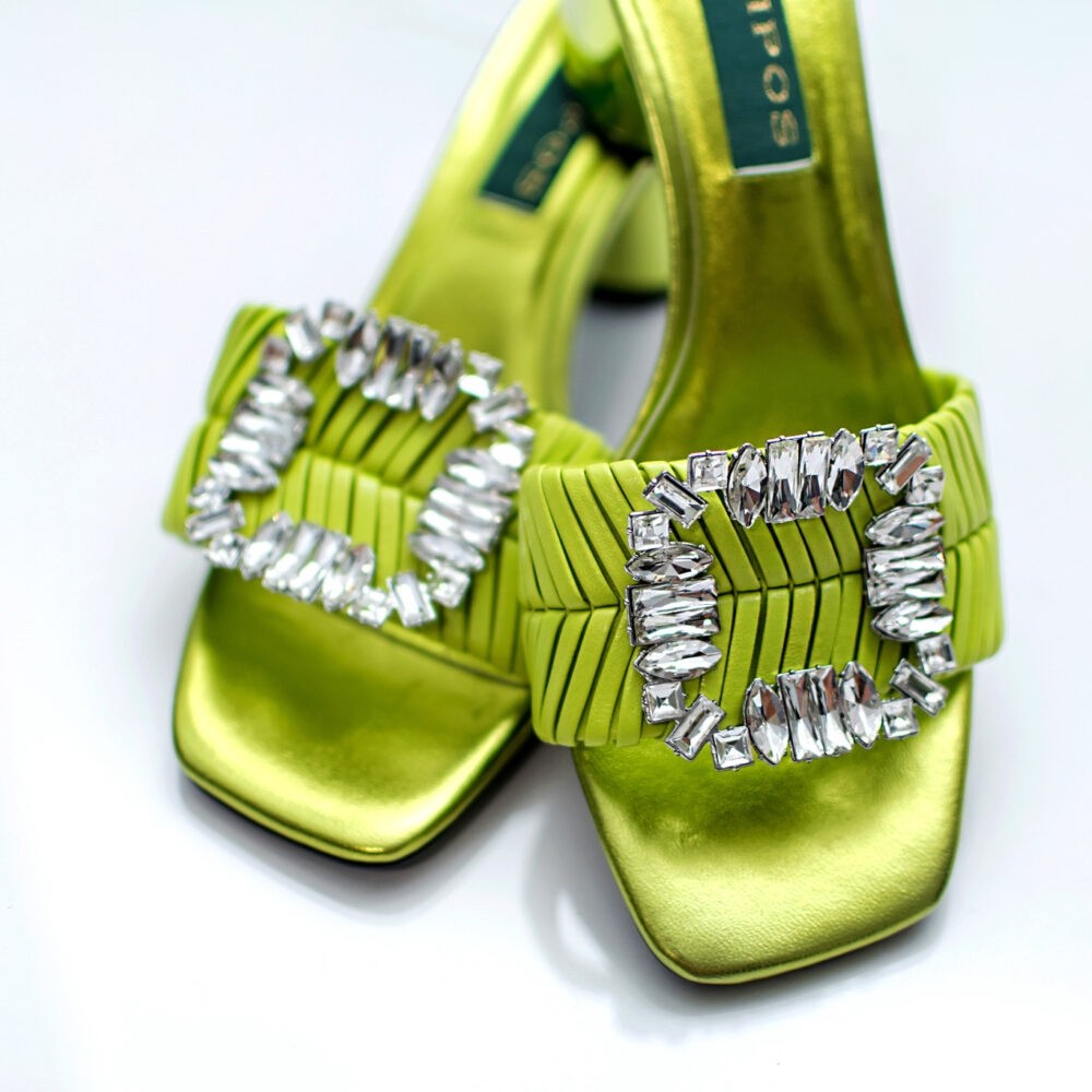 Aihpostyles Women Green Rhinestone Block Heel Mules, Slip-On, Square Toe