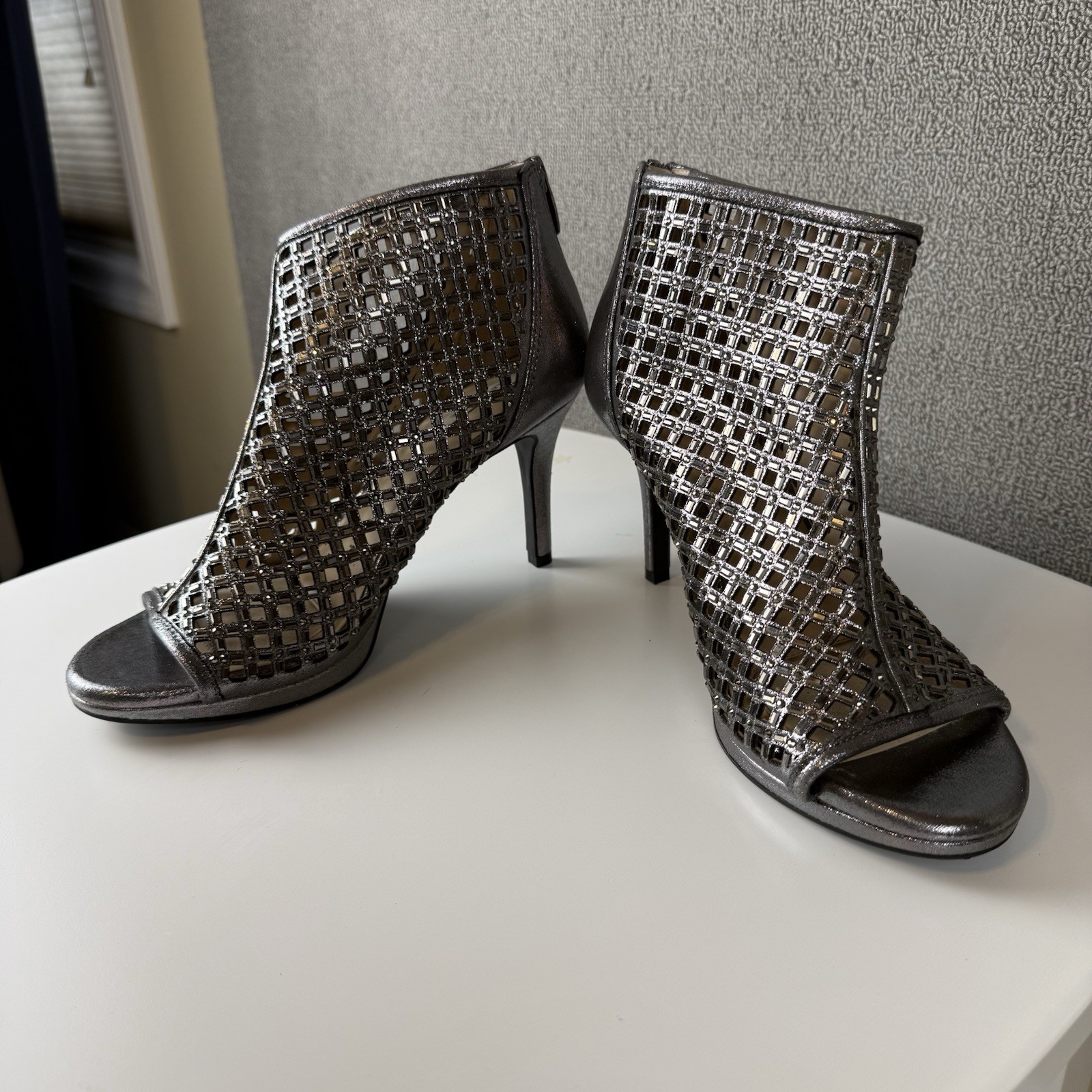 Alex Marie Silver Rhinestone Peep-Toe Stiletto Booties Wedding Party Glam Sz 8M~