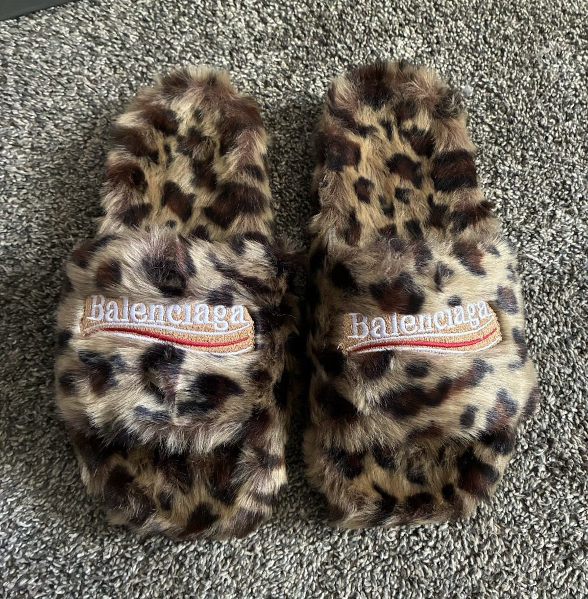 Balenciaga Women’s Leopard Print Faux Fur Logo Slide Slippers US 9