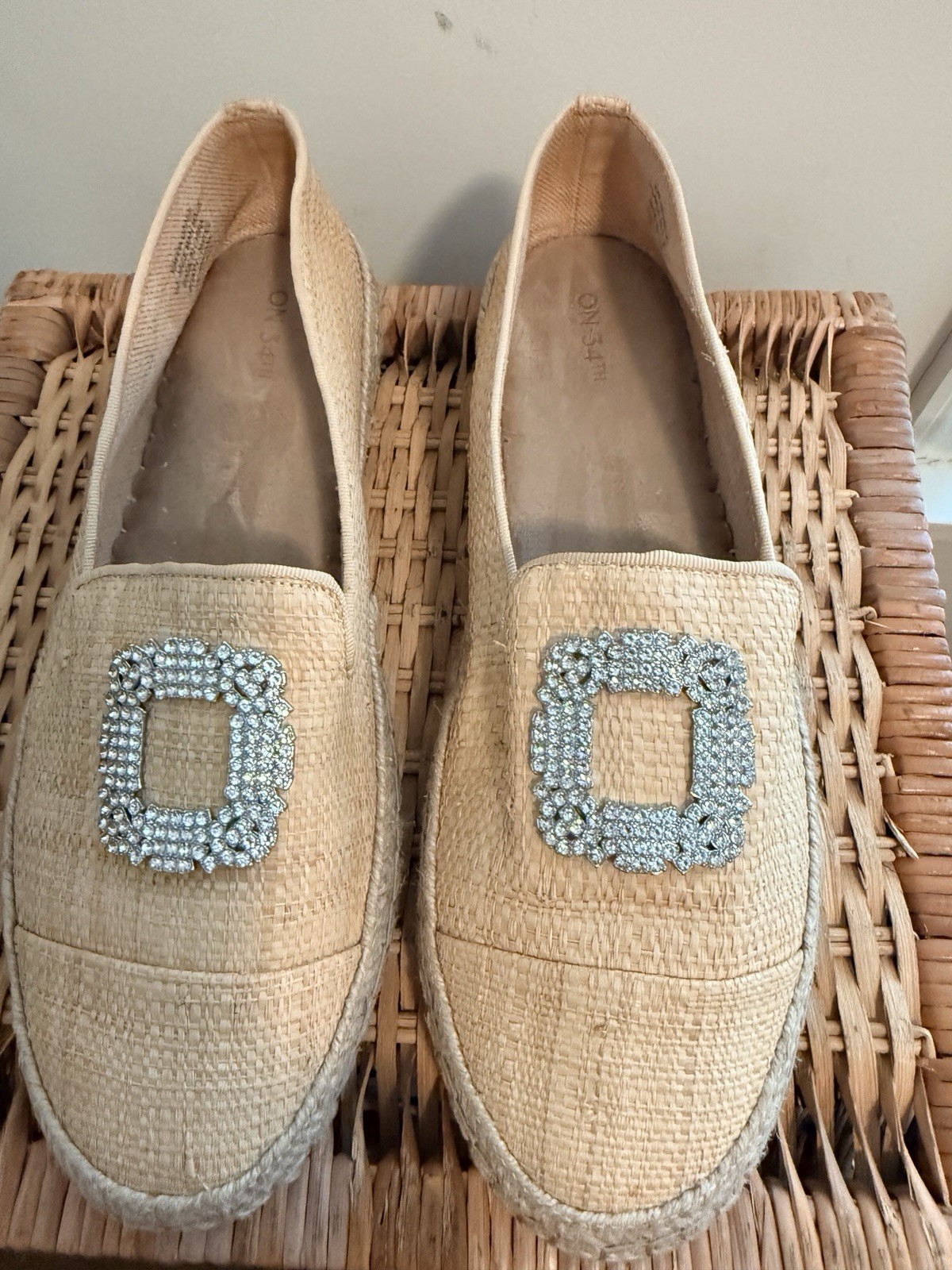 On 34th Women’s Espadrille Loafers Rhinestone Buckle Tan/Natural Size 12