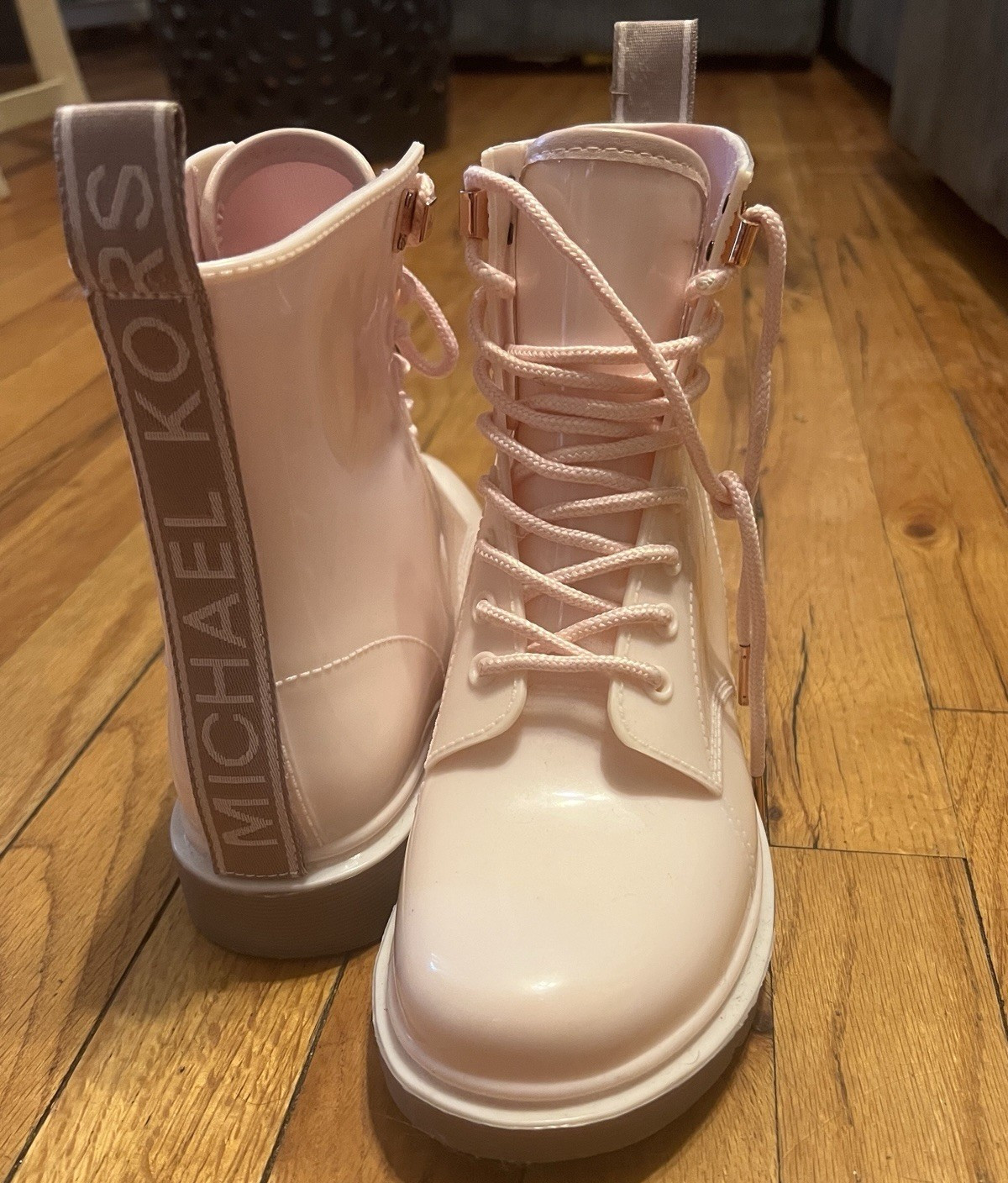 Michael Kors Women’s Pink Rubber Lace-Up Ankle Rain Boots Logo Size 8