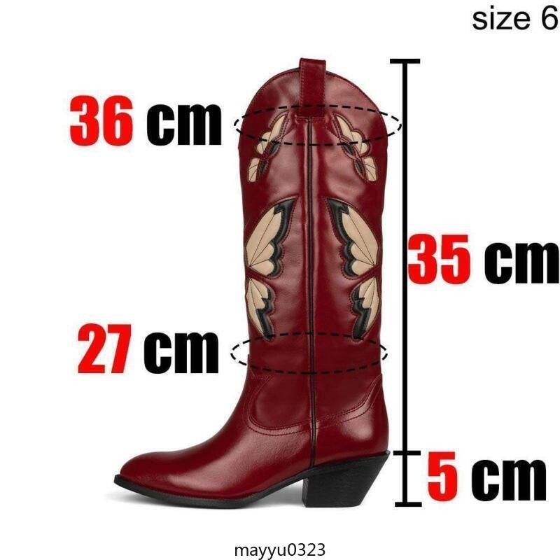 Women’s Mid Calf Boots Low Block Heel Butterfly Pull On Casual Cowgirl Shoes New