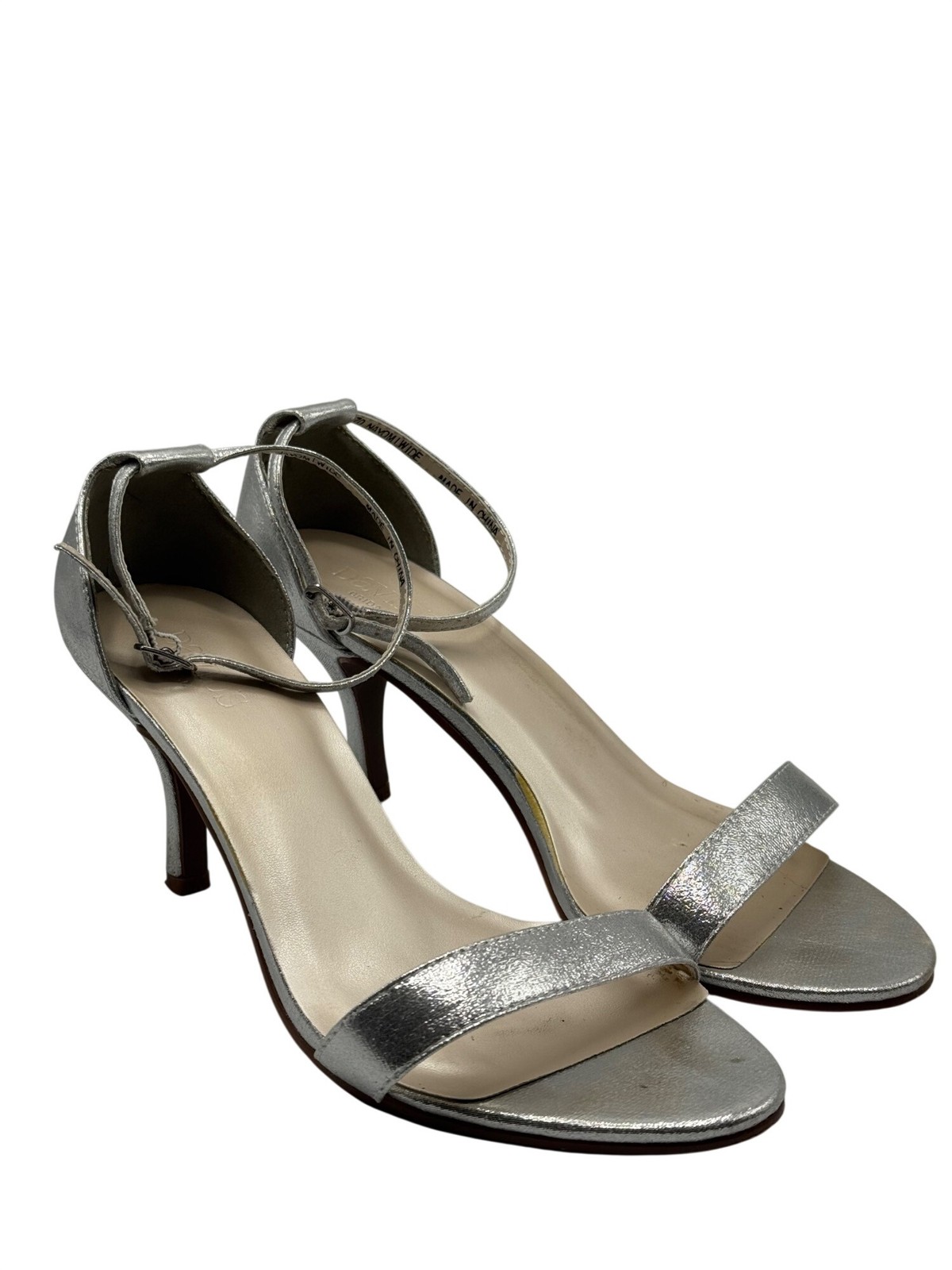 David’s Bridal Nayomi Silver Open-Toe Heels Size 9W Ankle Strap 3″ Stiletto