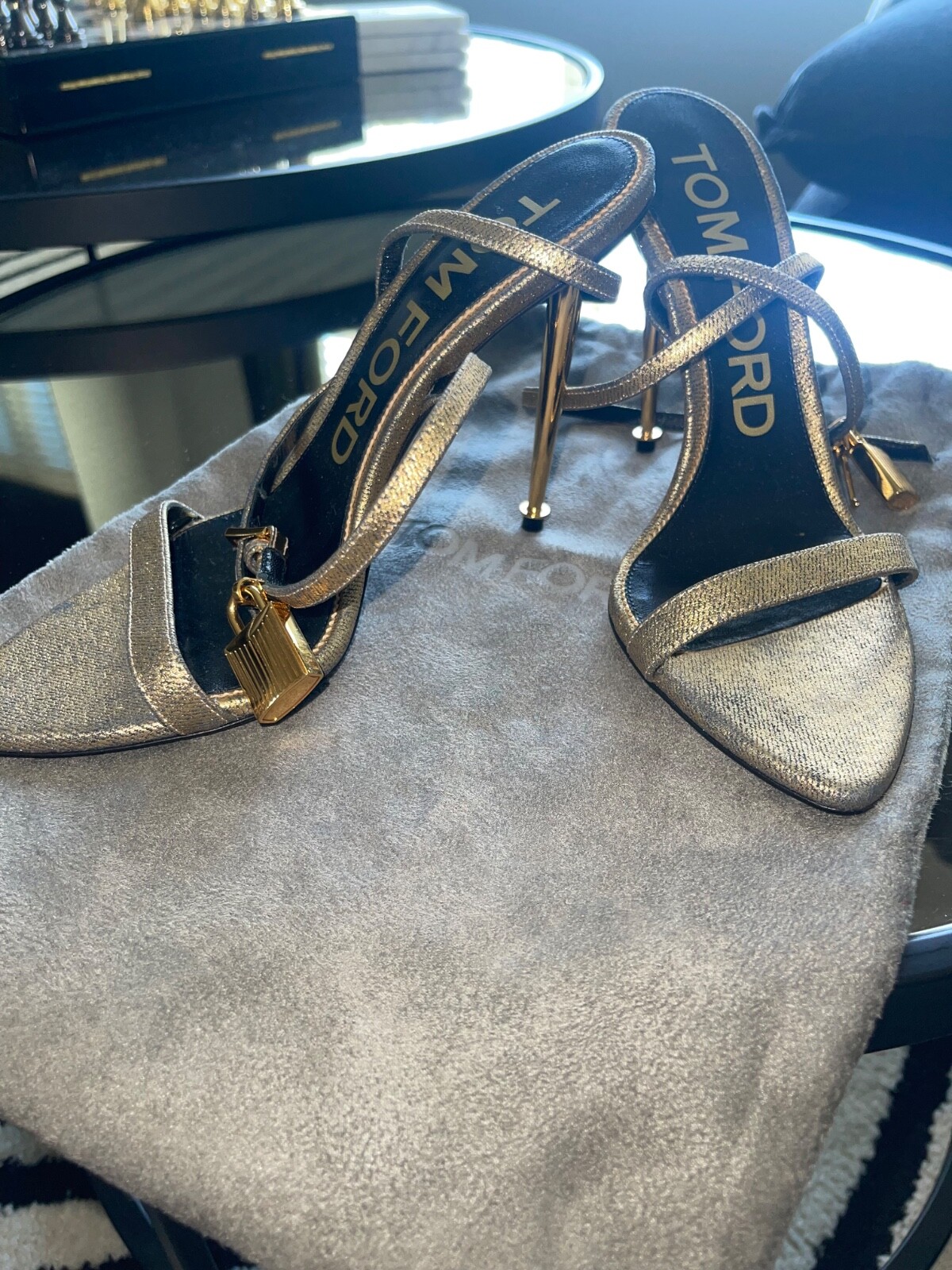 100% Authentic Tom Ford Demin Gold Metallic Padlock Heels Size 38 NEVER WORN