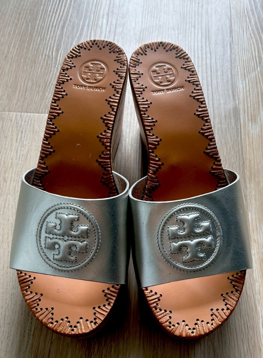 Tory Burch Wooden Wedge Slide Women Size 8 38 Silver Leather Open