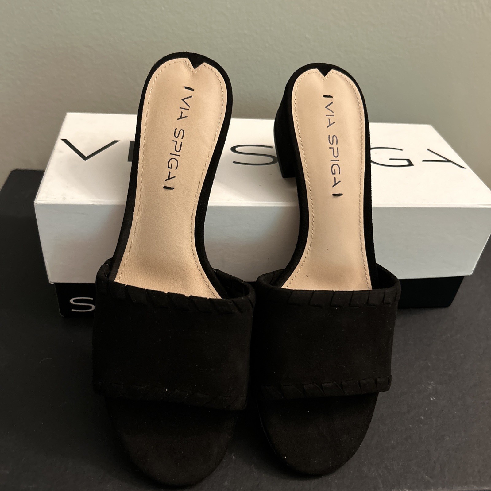 VIA SPIGA Gwendolyn Black Suede Leather Slip-on Sandals 8 M EUR 38 NIB