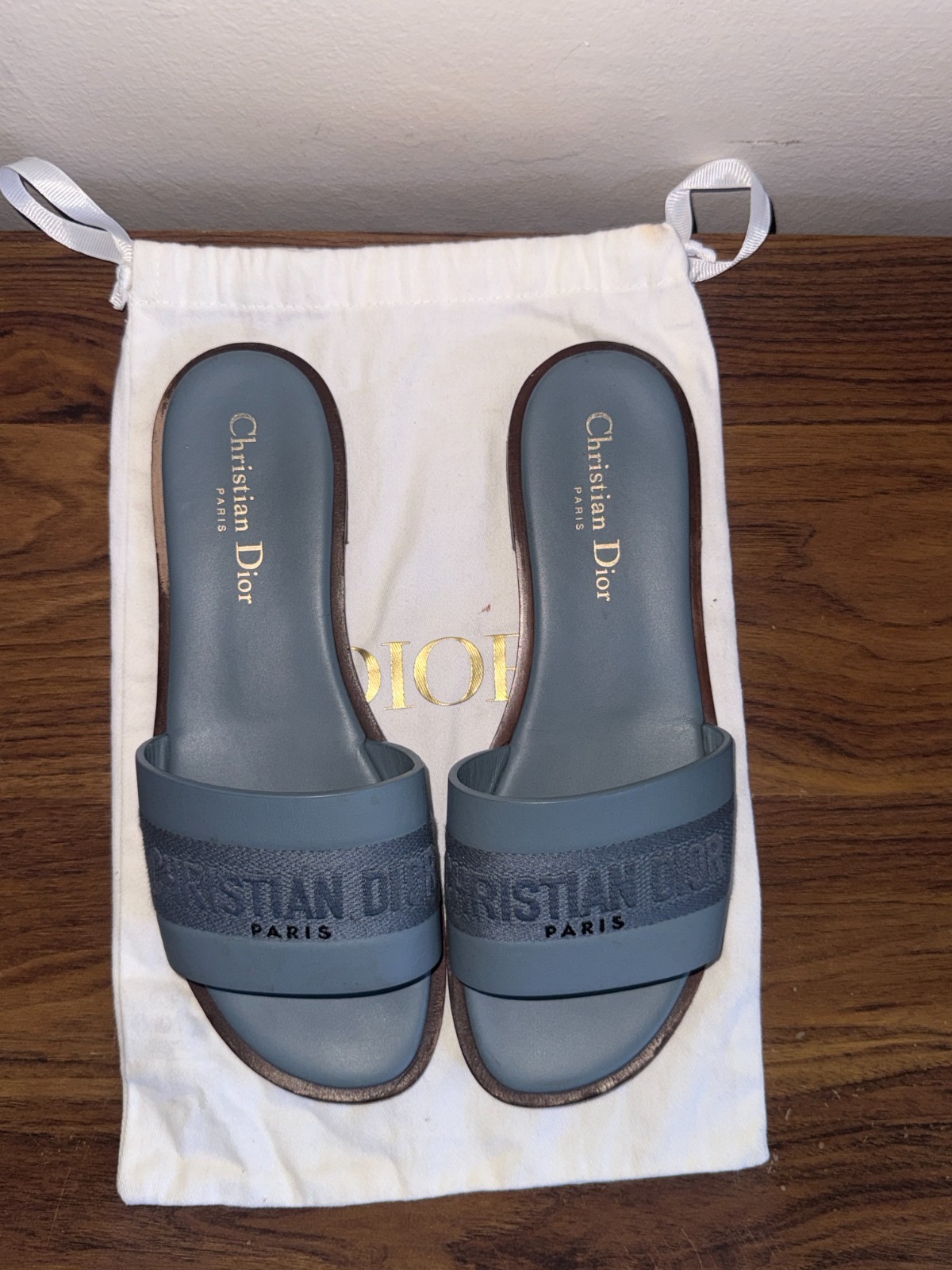 Dior Sway Slide Pastel Blue Calfskin And Embroidered Cotton Size 37