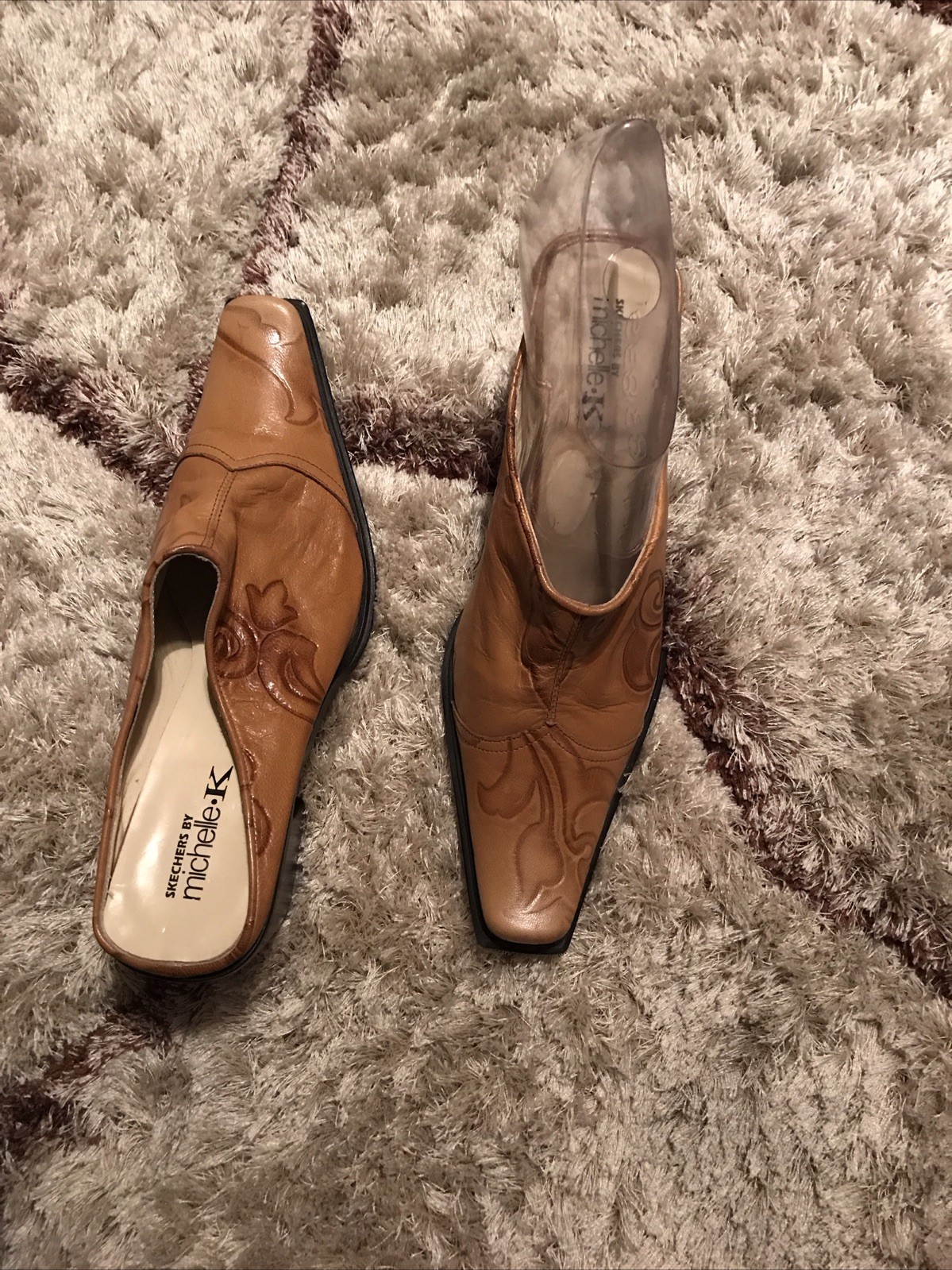 Michelle K Stamped Leather Healed Mules Square Toe Brown Size 9