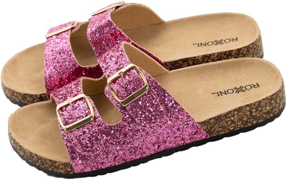 Very Peri Womens Glitters Comfort Flat Sandals Double Buckle Straps Flat Slides