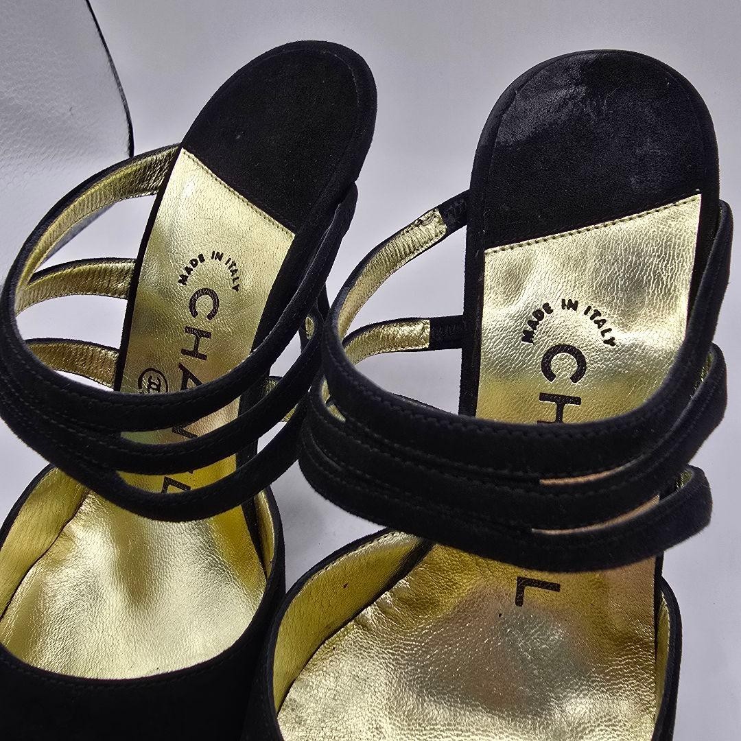 CHANEL Suede Mules Size 36 Black Gold Accents with Box and Dust Bags
