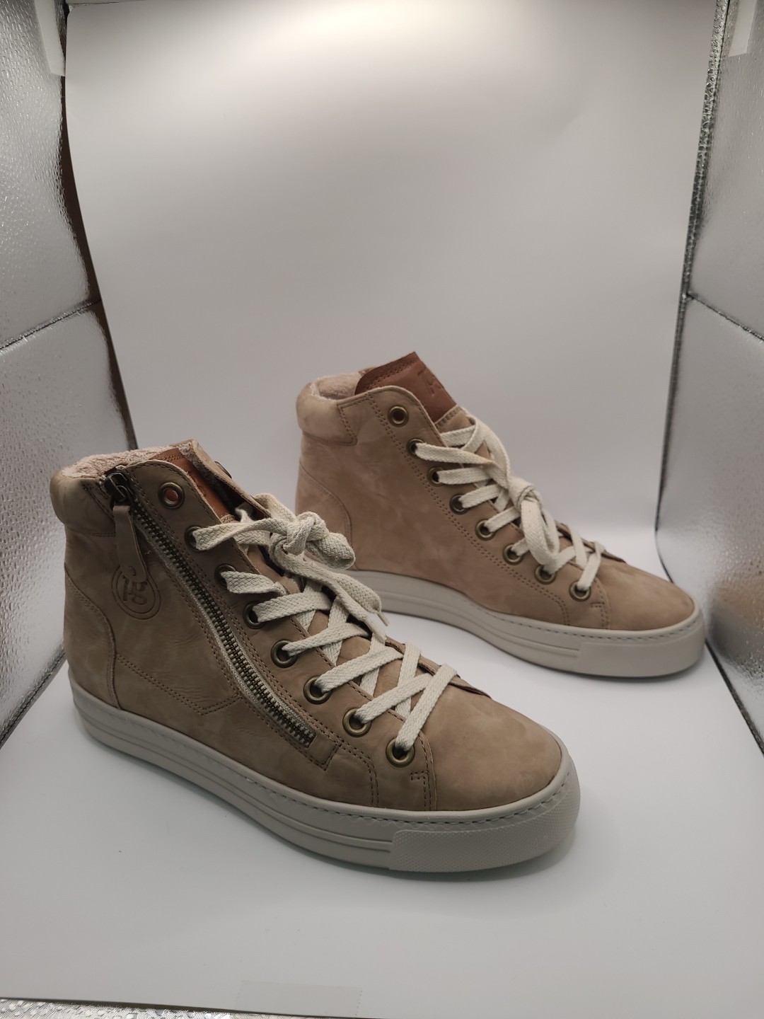 New Paul Green Wells High Top Sneakers Alpaca Cognac Combo Size 8 (US)