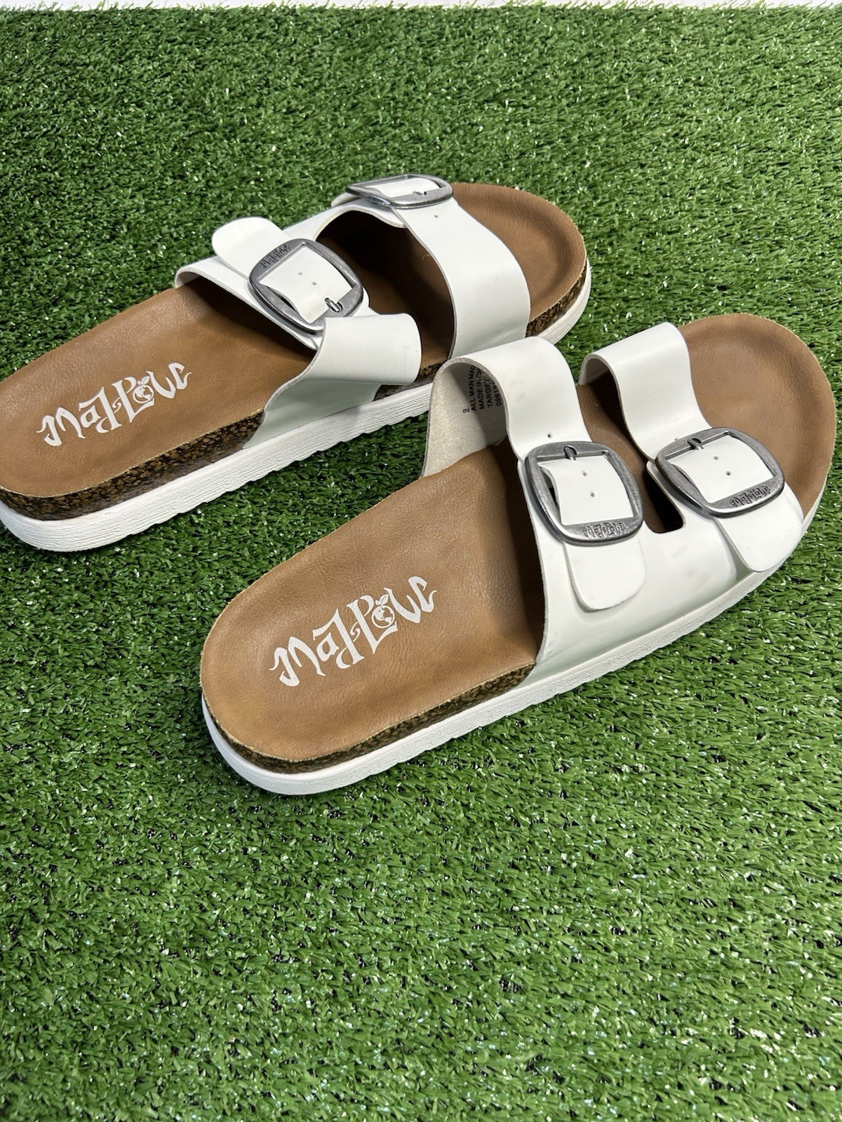 Mata Women’s Slide Sandals Double Buckle Synthetic Upper White/Brown Size 9
