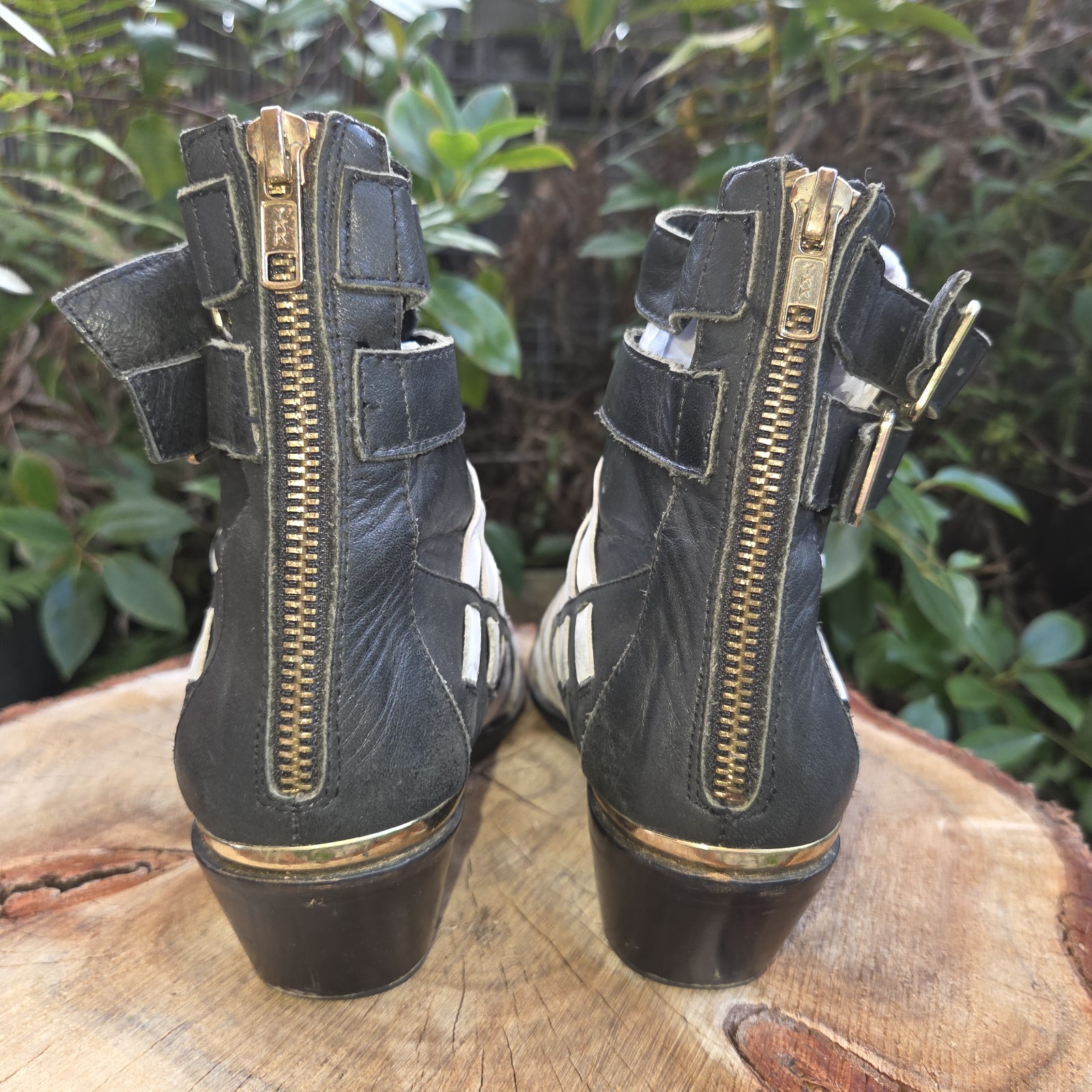Rare DIAVOLINA Leather Ankle Boots Size 5.5 Black White Western Cowboy