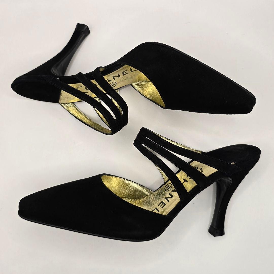 CHANEL Suede Mules Size 36 Black Gold Accents with Box and Dust Bags