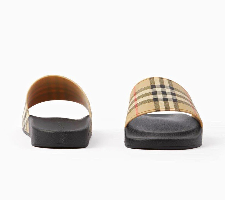 Burberry Check Slide Sandals Beige Leather Slip-On Logo Unisex US 11 NIB