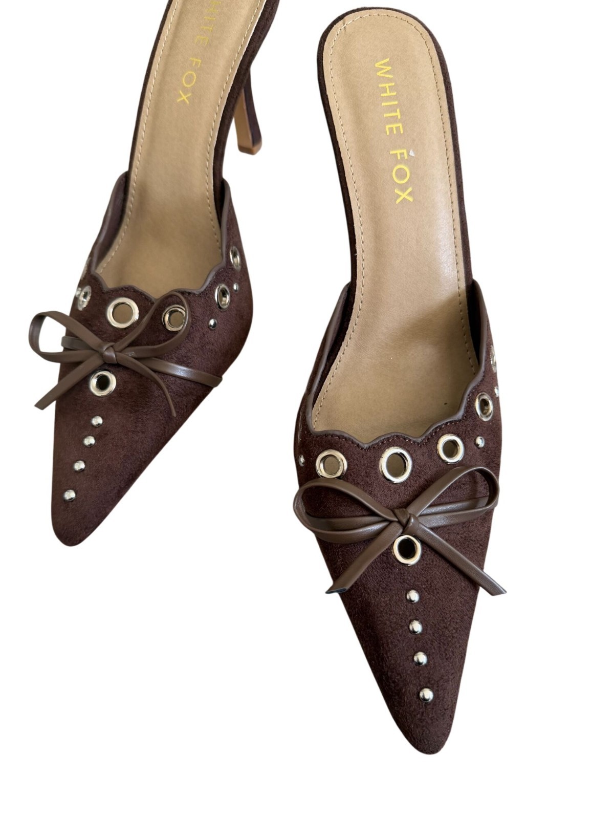 WHITE FOX Brown Faux Suede Bow Mules Heels Size 9 NEW NWOB