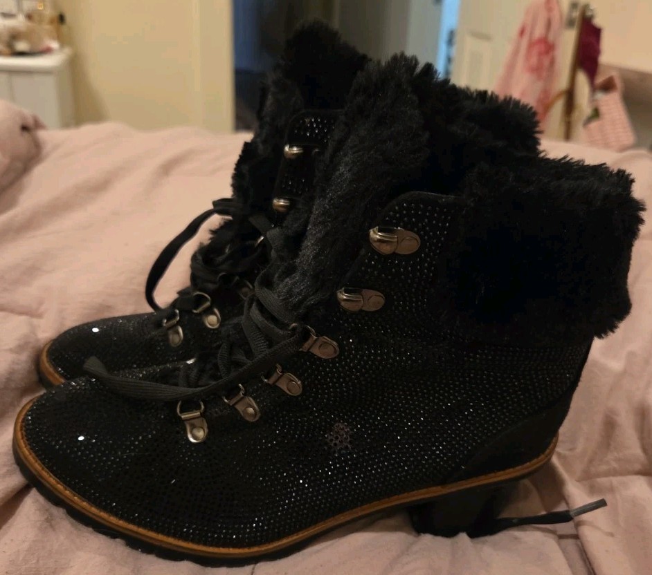 Nanette Lepore «Anais» Black Beaded Sparkle, Faux Fur Trim Stacked Hiker Bootie